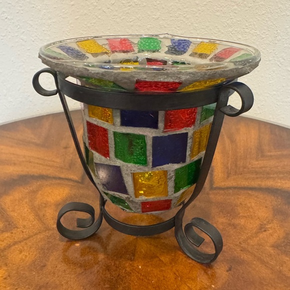 Other - Stained Glass Mosaic Candle Holder With Iron Stand 1970’s Era